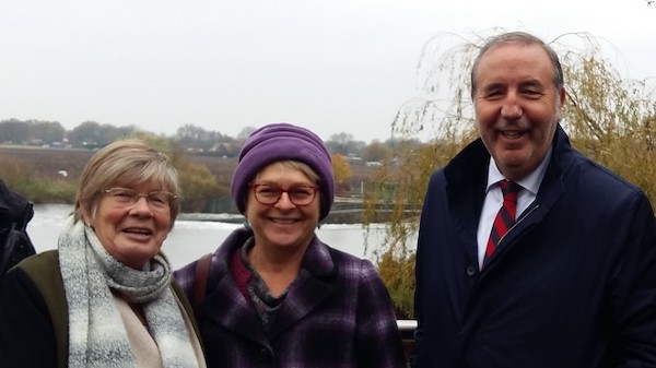 A photo of Kate with Paddy Tipping and Janet Patrick in front of a canal, taken near Canalside Heritage Centre